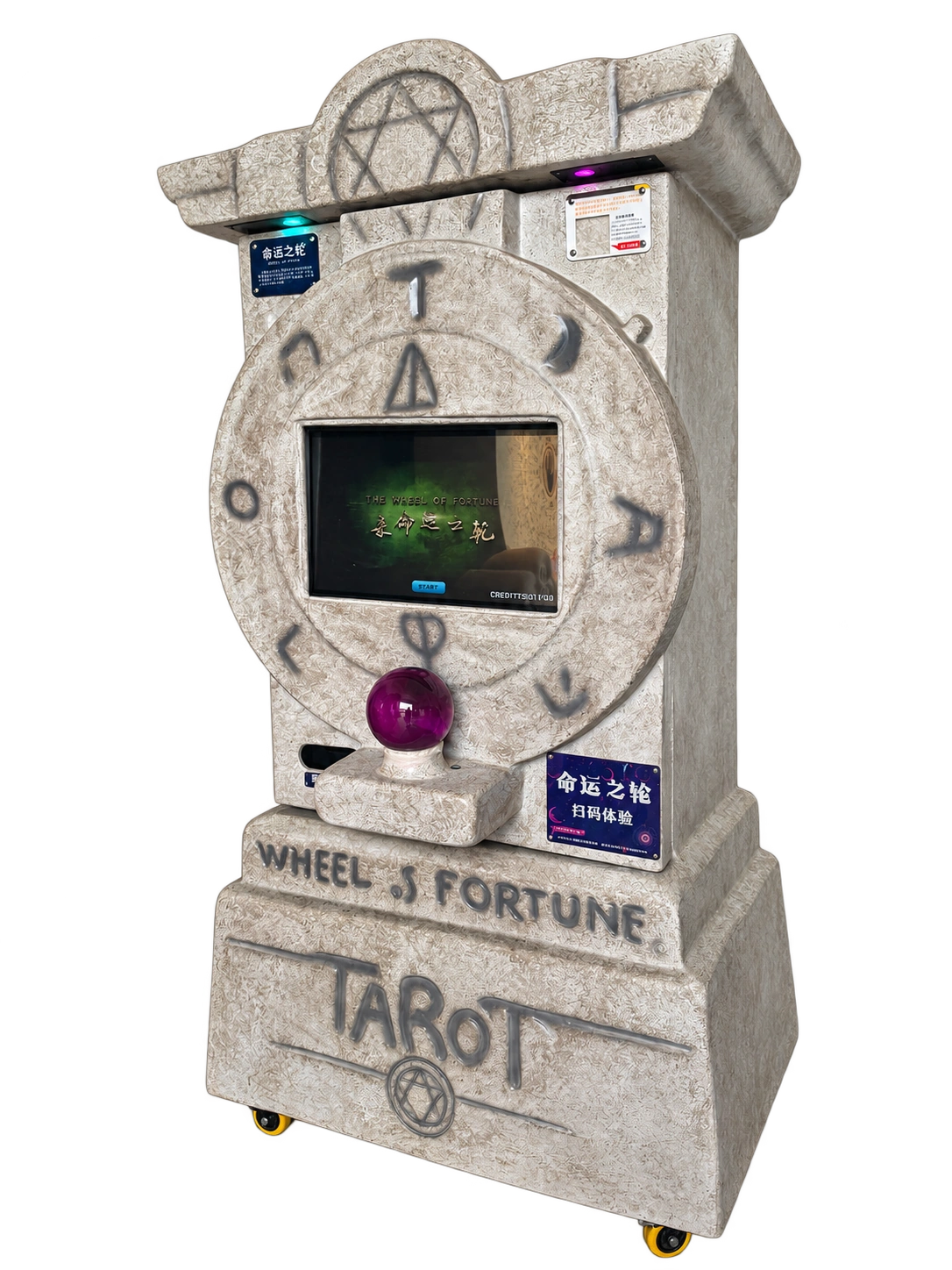 Sculptural Tarot machine with tarot-inspired visuals